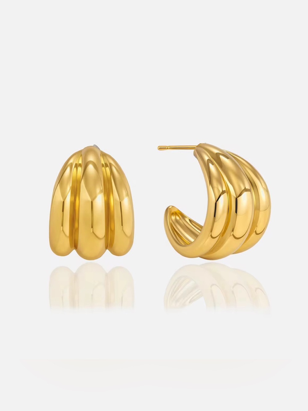 18K Gold Plated Sculpted Triple Ridge Hoop Earrings